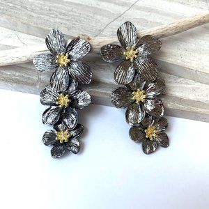 NEW~ Anthropologie Shashi "Botanique" Gunmetal Gray Flower Earrings